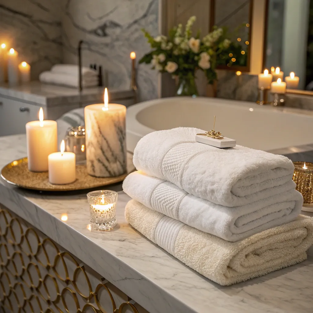 Luxury spa setting with candles and towels